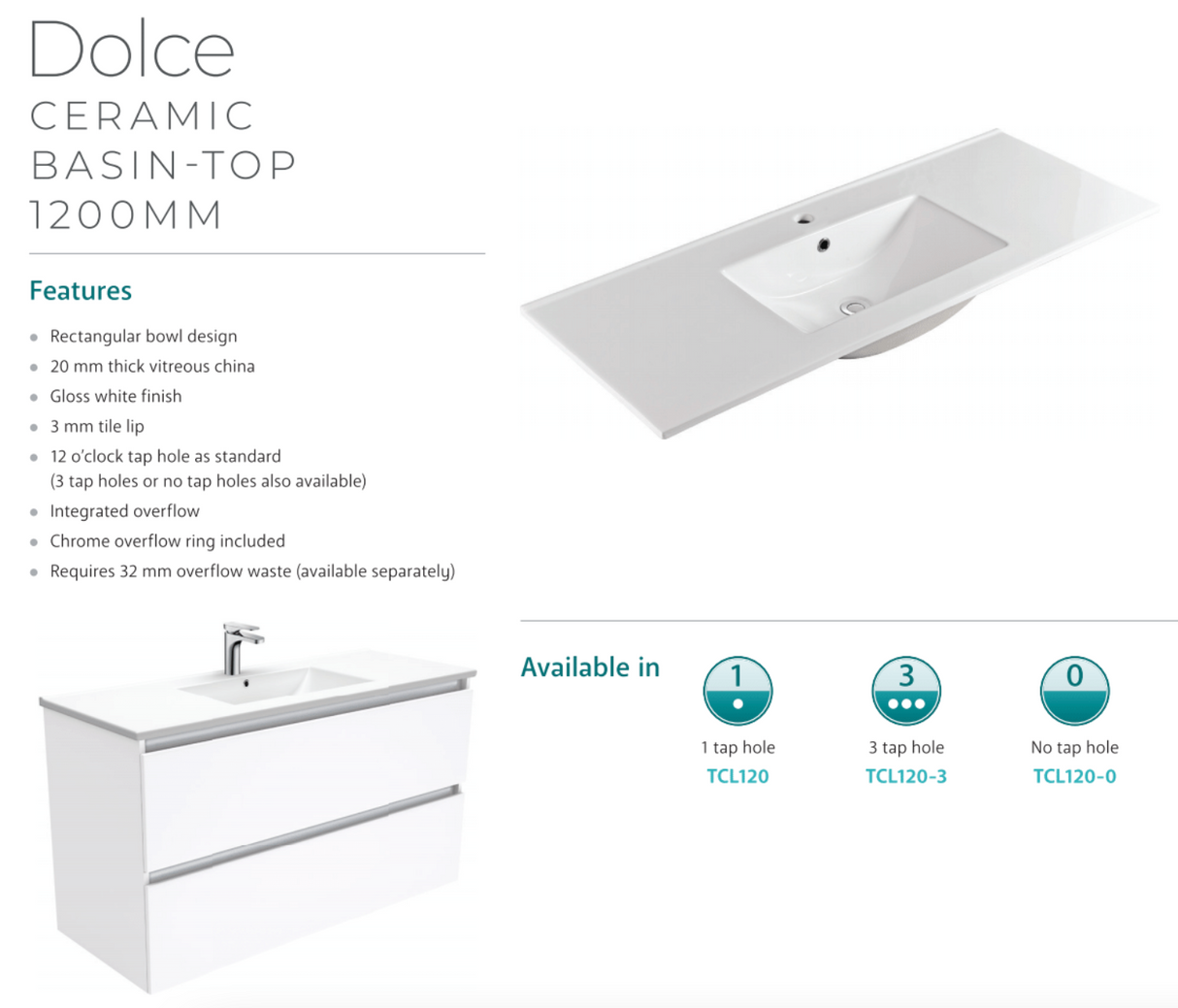 Fienza Dolce Tcl120J 1200Mm Ceramic Wall Hung Vanity With Handles White - Special Order Units