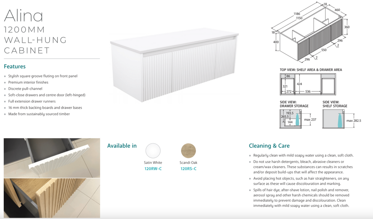 Fienza TCL120RW 1200 Dolce Alina Satin White Wall-Hung Vanity