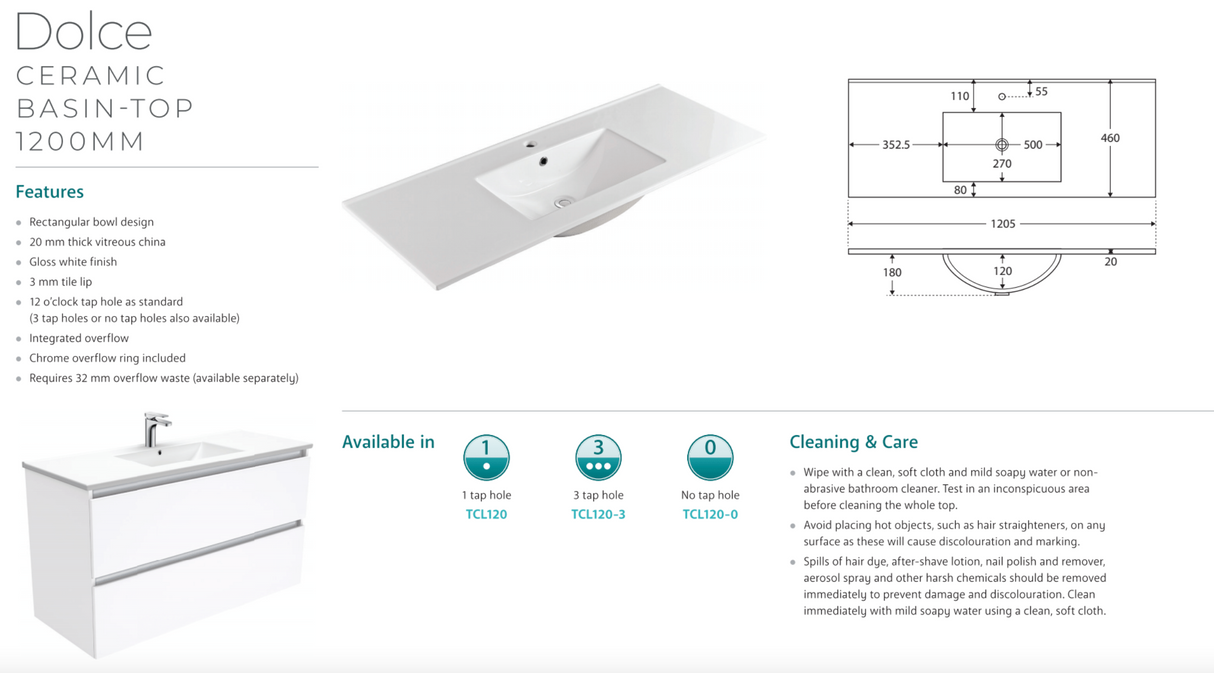 Fienza TCL120RW 1200 Dolce Alina Satin White Wall-Hung Vanity