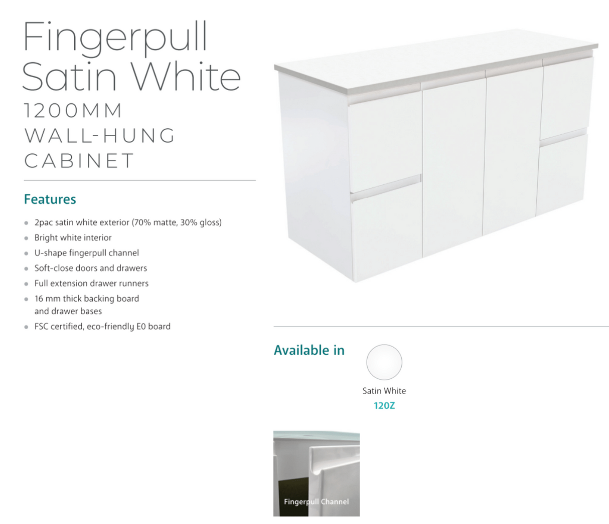 Fienza Dolce 1200Mm Tcl120Z Fingerpull Wall Hung Vanity Satin White - Special Order Units