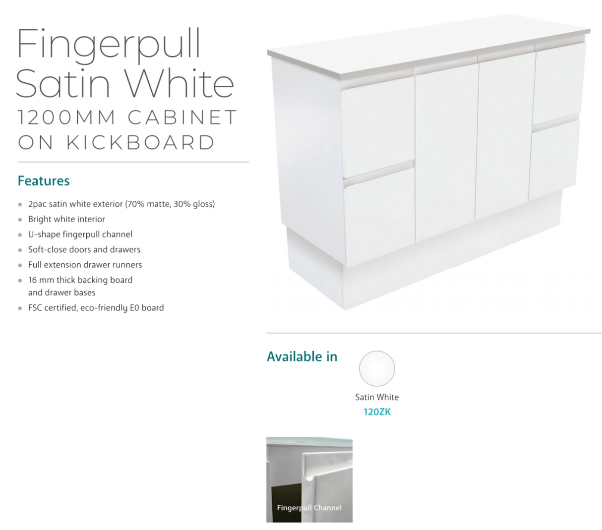 Fienza 1200Mm Tcl120Zk Dolce Fingerpull Vanity On Kickboard Matte White - Special Order Units