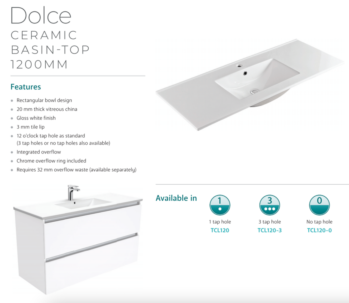 Fienza 1200Mm Tcl120Zk Dolce Fingerpull Vanity On Kickboard Matte White - Special Order Units