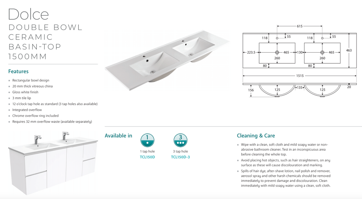 Fienza TCL150MD 1500mm Dolce Mila Wall Hung Vanity Double Bowl, White