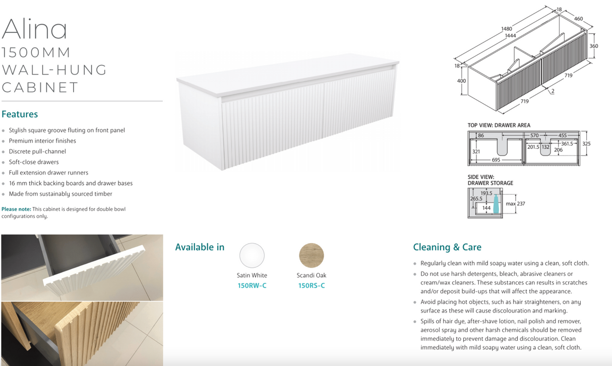 Fienza TCL150RWD 1500 Dolce Alina Satin White Double Bowl Wall-Hung Vanity