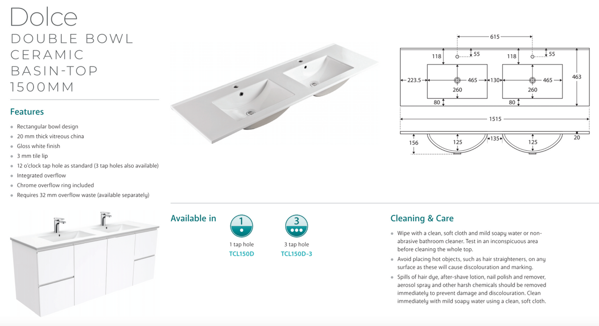 Fienza TCL150RWD 1500 Dolce Alina Satin White Double Bowl Wall-Hung Vanity