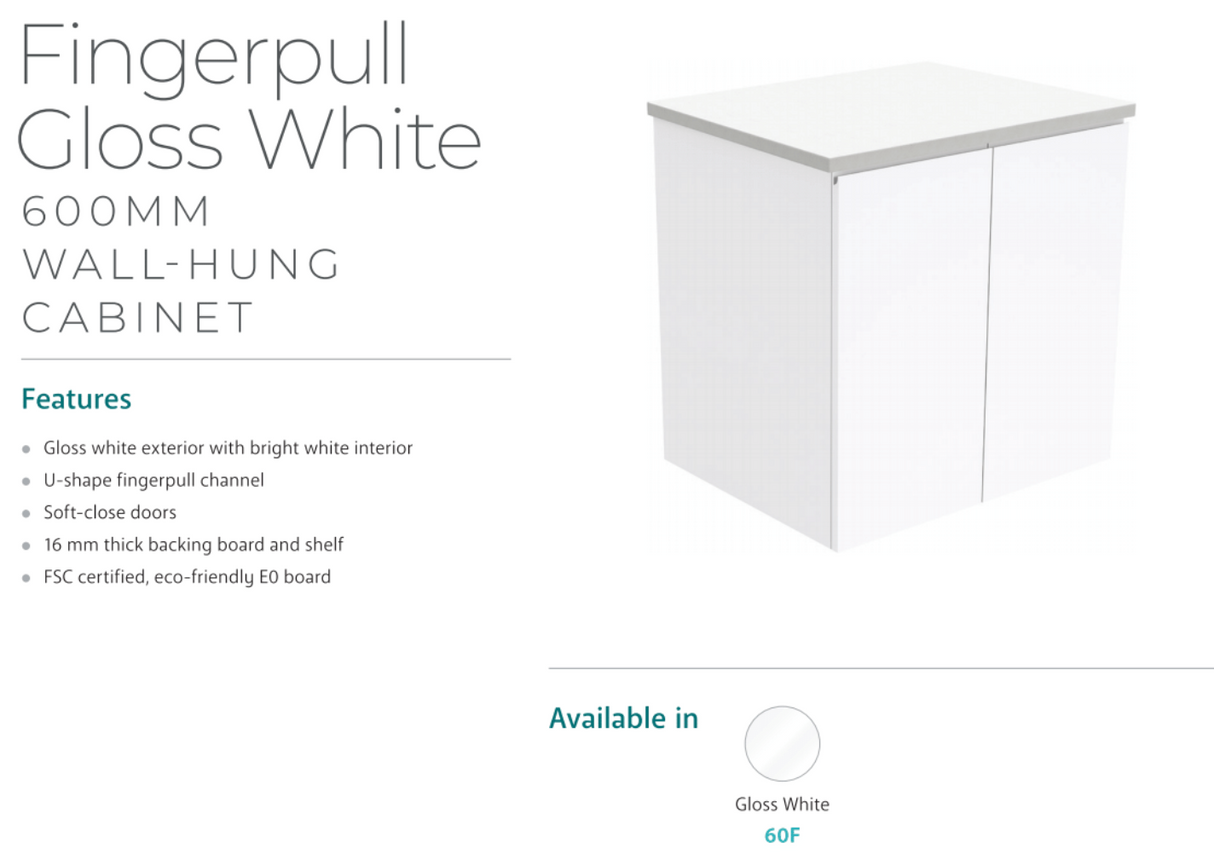 Fienza Dolce Tcl60F Fingerpull 600Mm Wall Hung White Vanity - Special Order Units