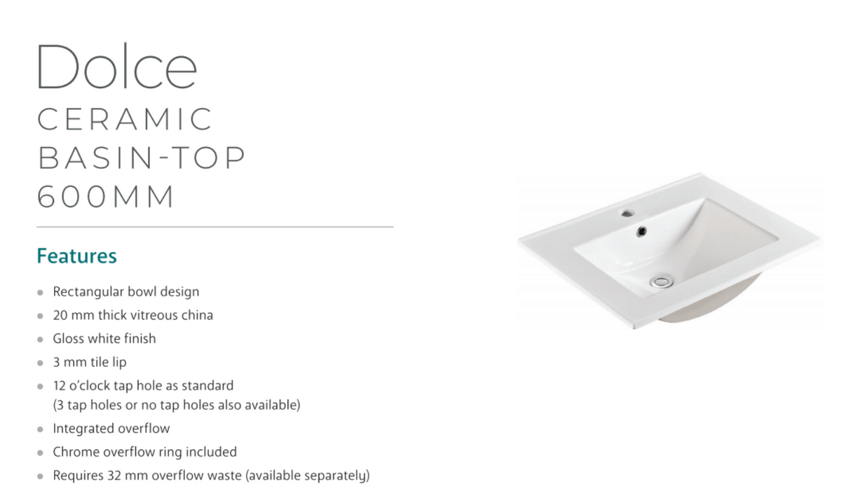 Fienza Tcl60Nkw Dolce 600Mm White Vanity With Kicker - Special Order Units