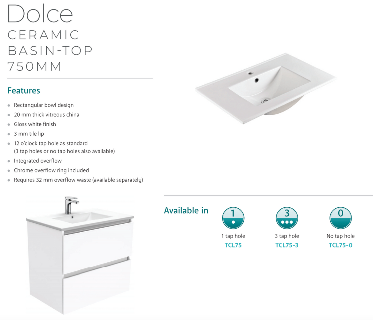 Fienza Dolce Tcl75Fr 750Mm White Fingerpull Wall Hung Vanity Right Hand Drawers - Special Order