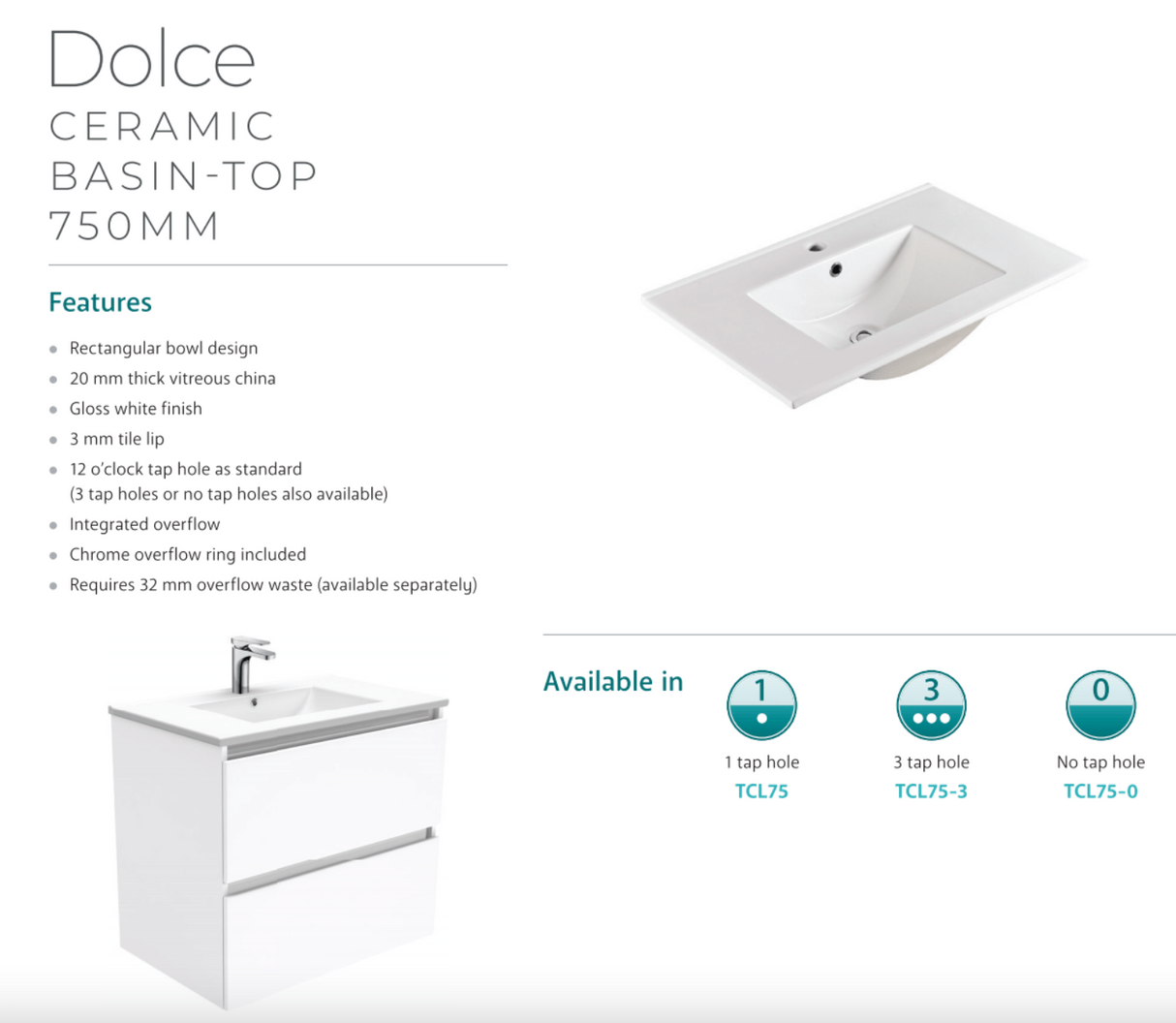 Fienza Dolce Tcl75H Manu 750Mm White Wall Hung Vanity Unit - Special Order Units