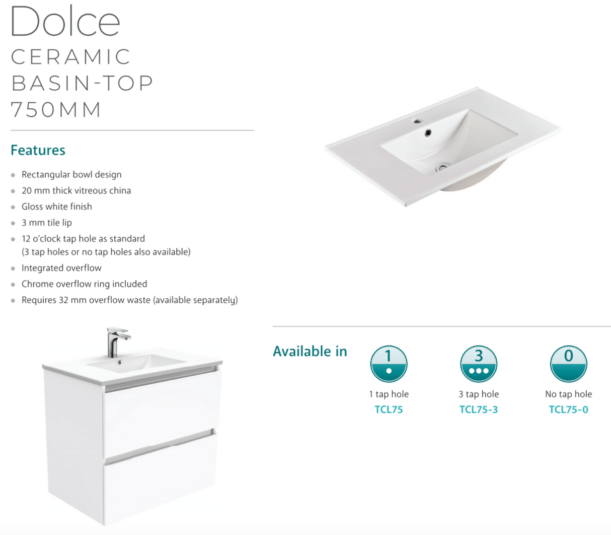 Fienza Dolce Ceramic Tcl75Jr 750Mm White Wall Hung Vanity With Handles Right Hand Drawers - Special