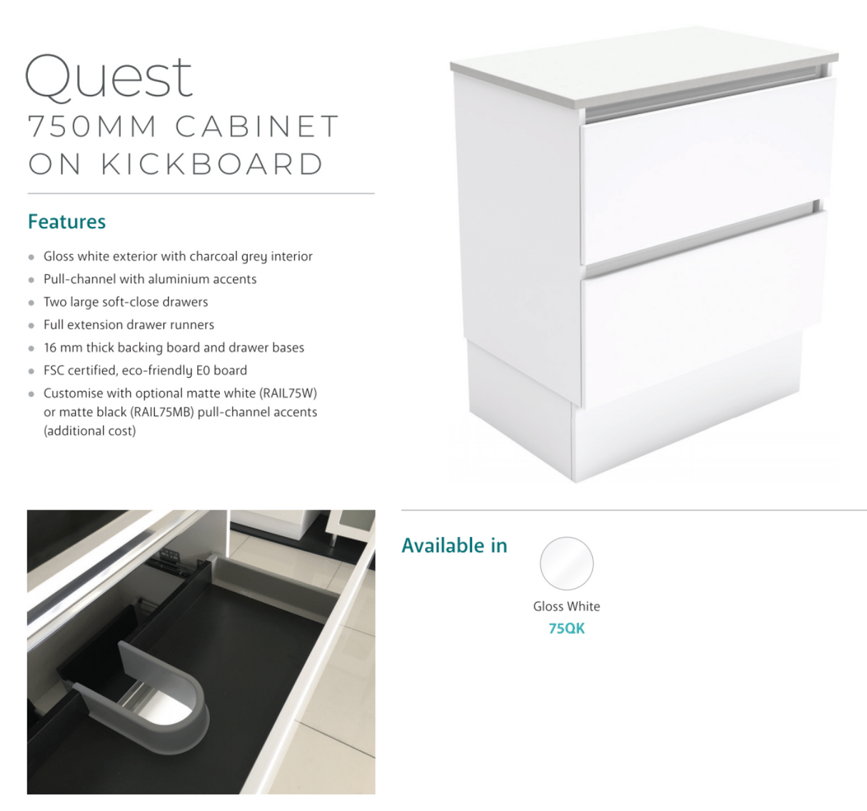 Fienza Dolce Quest Tcl75Qk 750Mm White Vanity Unit On Kickboard - Special Order Units