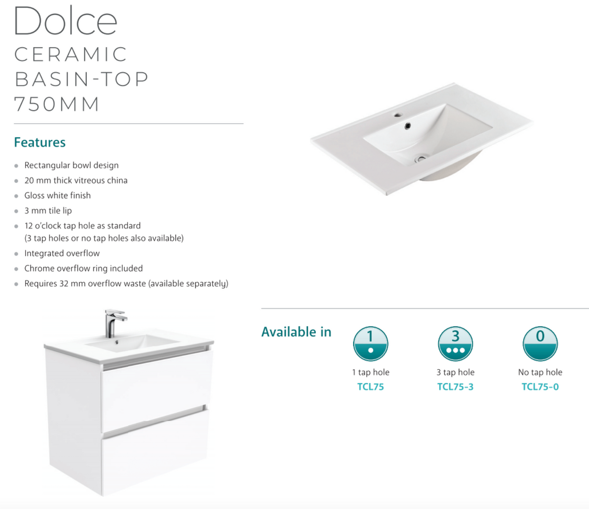 Fienza Dolce Quest Tcl75Qk 750Mm White Vanity Unit On Kickboard - Special Order Units