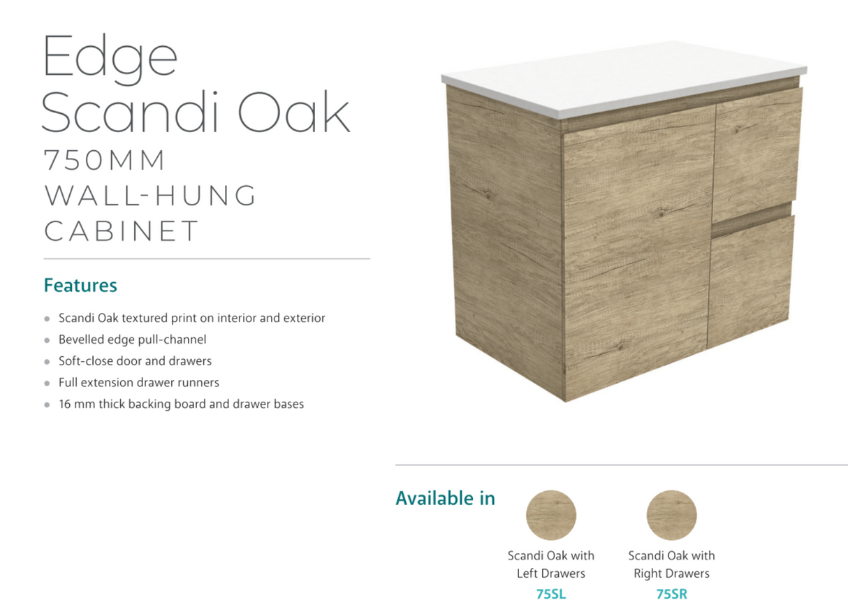 Fienza Dolce Edge Tcl75Sr Scandi Oak 750Mm Wall Hung Vanity Right Drawers - Special Order Units