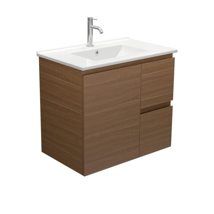Fienza TCL75WAR Dolce Edge Walnut 750 Wall Hung Vanity, Right Drawers