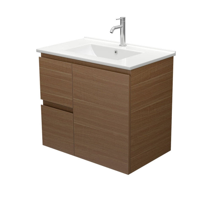 Fienza TCL75WAL Dolce Edge Walnut 750 Wall Hung Vanity, Left Drawers