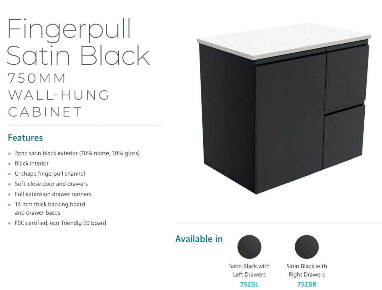 Fienza Tcl75Zbl Dolce Black 750Mm Wall Hung Vanity Left Drawers - Special Order Units