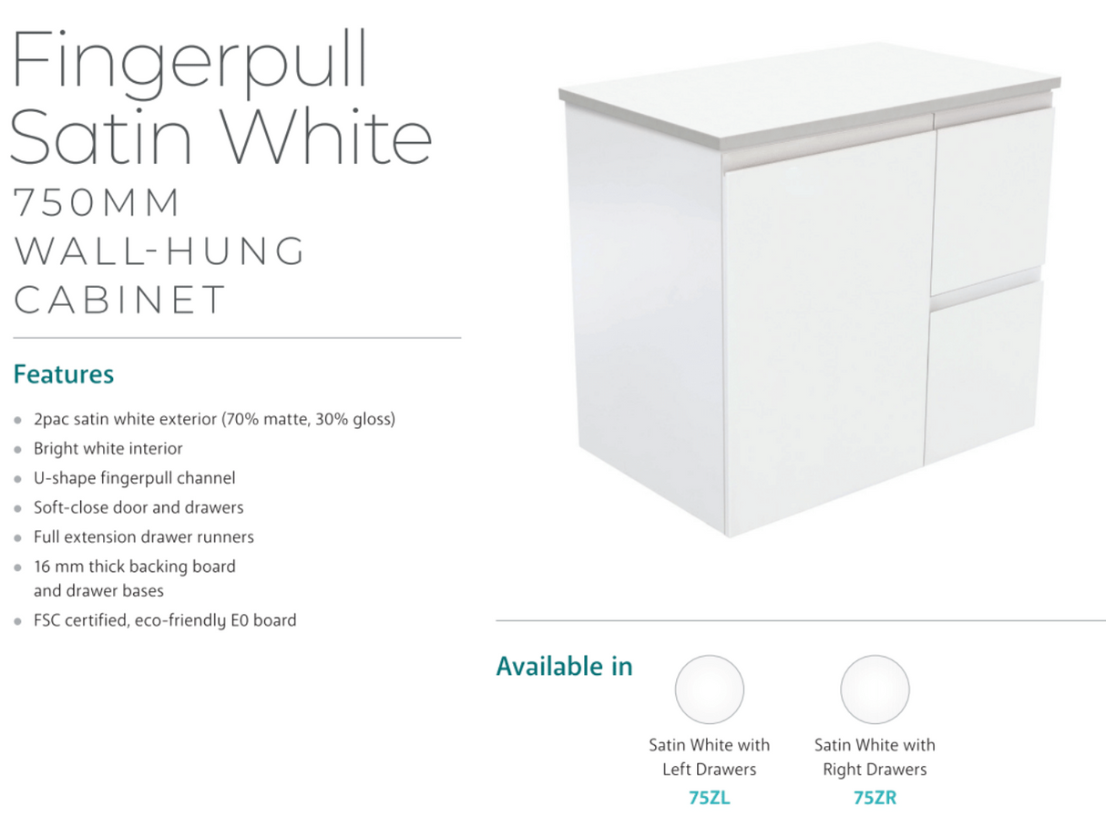 Fienza Dolce Tcl75Zr 750Mm Fingerpull Wall Hung Vanity Matte White With Right Drawers - Special