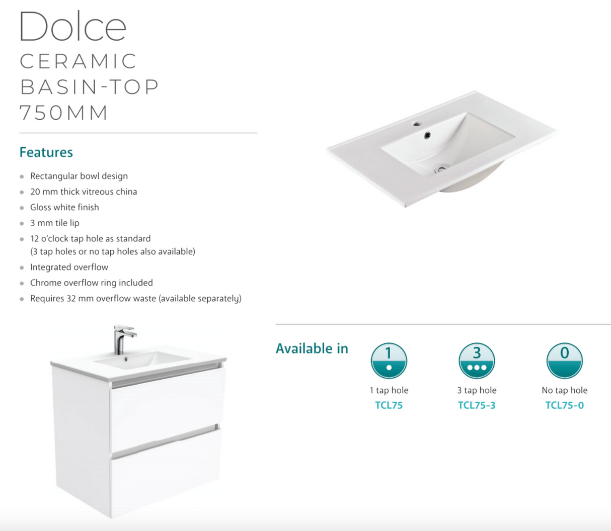 Fienza Dolce Tcl75Zl 750Mm Fingerpull Wall Hung Vanity Matte White With Left Drawers - Special Order