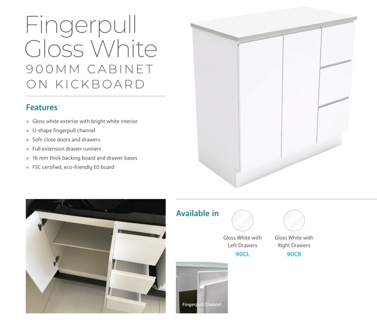 Fienza TCL90NLWL 90cm Dolce Unicab Vanity On Legs, Solid Doors, Left Hand Drawers, Gloss White