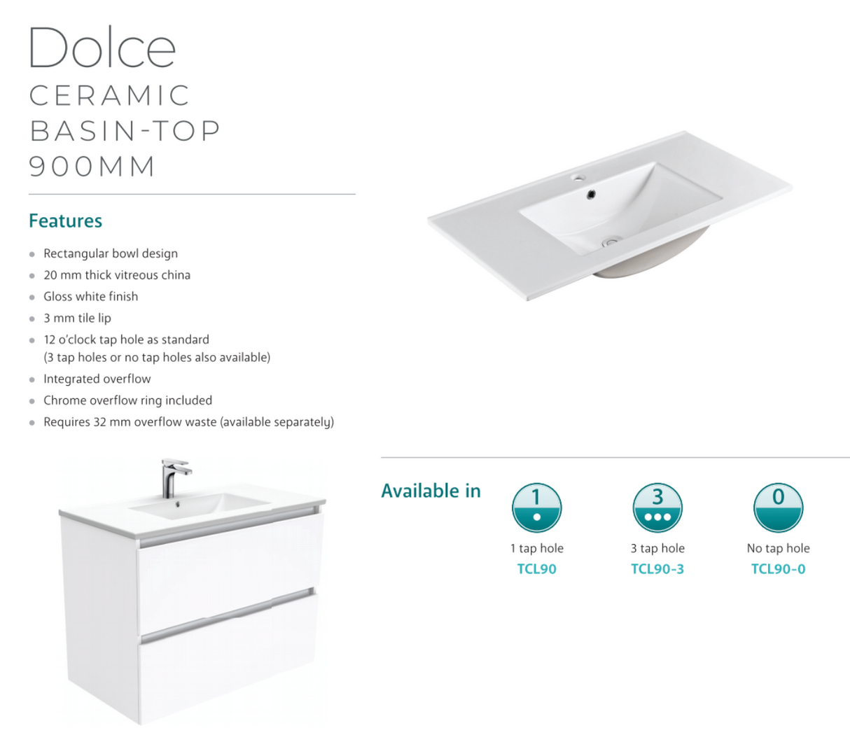 Fienza Dolce Tcl90Cr 900Mm Fingerpull White Vanity With Kickboard Right Drawers - Special Order