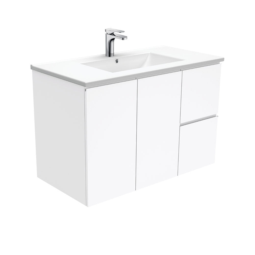 Fienza Dolce Tcl90Fr 900Mm Ceramic Wall Hung Finger Pull White Vanity One Tap Hole Right Hand