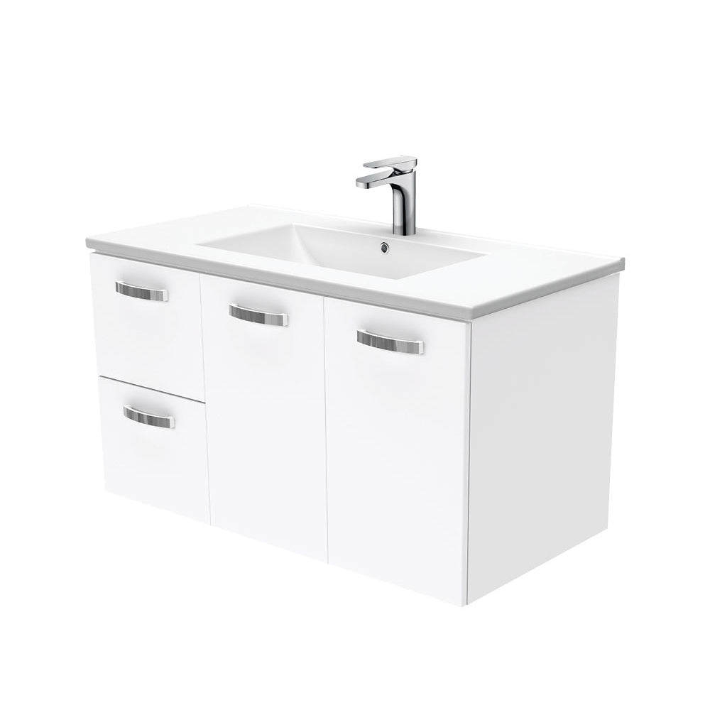 Fienza Dolce Tcl90Jl 900Mm Ceramic Wall Hung White Vanity With Handles One Tap Hole Left Hand