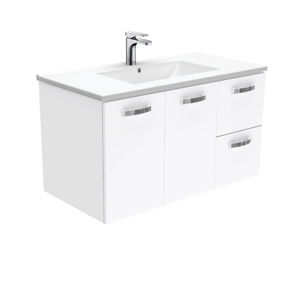 Fienza Dolce Tcl90Jr 900Mm Ceramic Wall Hung White Vanity With Handles One Tap Hole Right Hand