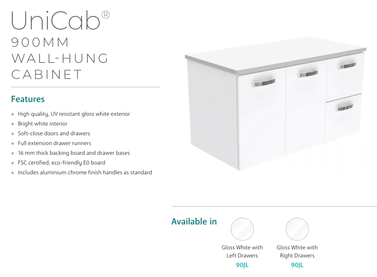 Fienza Dolce Tcl90Jl 900Mm Ceramic Wall Hung White Vanity With Handles One Tap Hole Left Hand