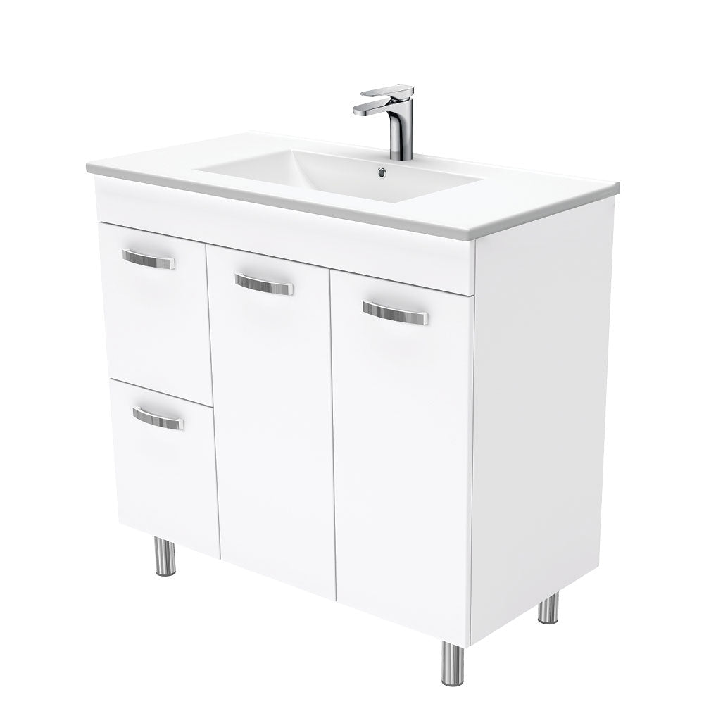 Fienza TCL90NLWL 90cm Dolce Unicab Vanity On Legs, Solid Doors, Left Hand Drawers, Gloss White