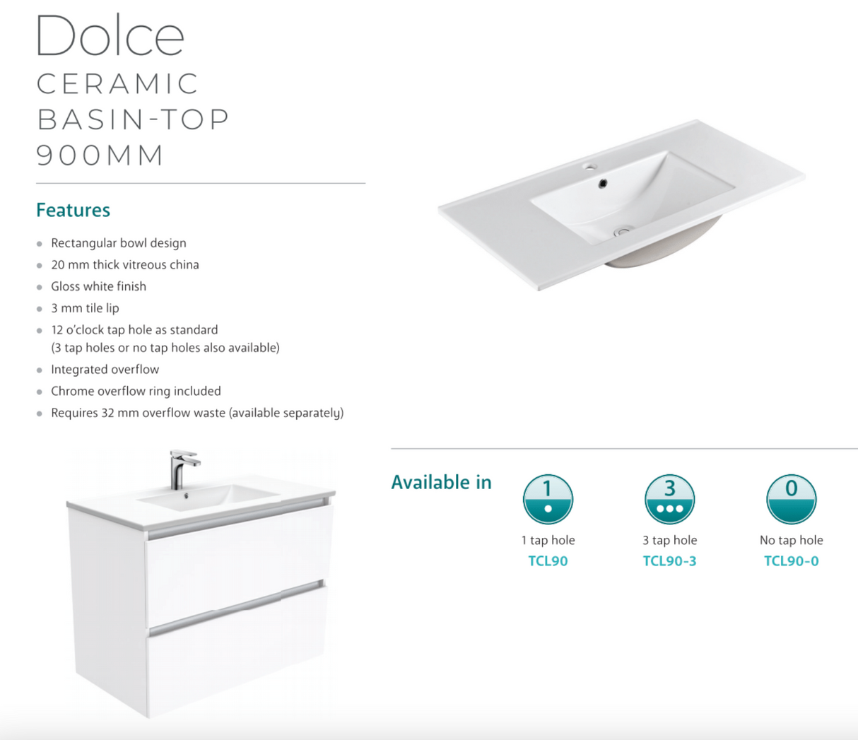 Fienza Dolce Quest Tcl90Q 900Mm White Wall Hung Vanity Unit - Special Order Units