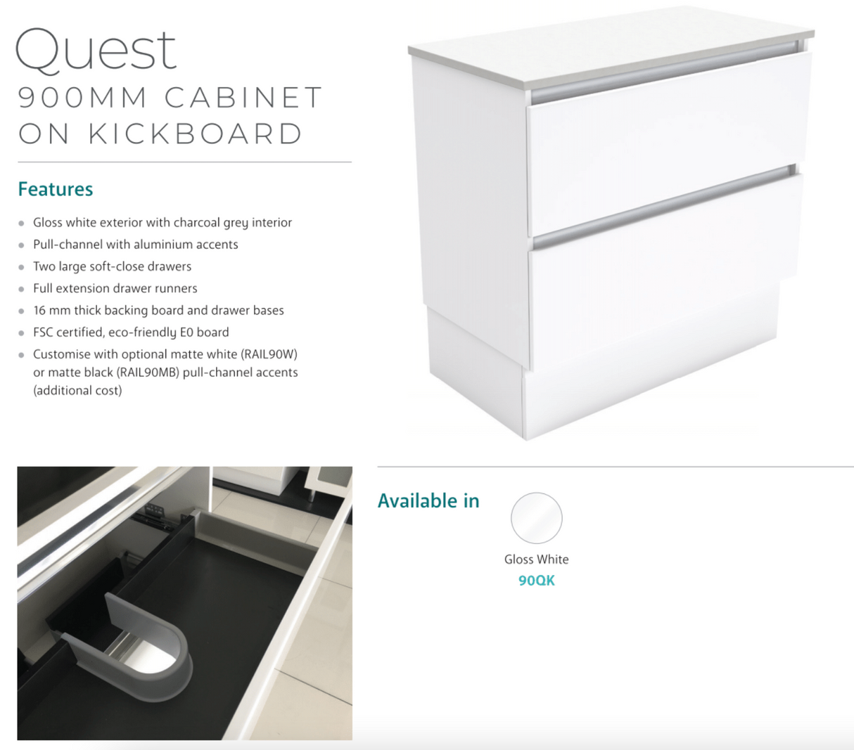 Fienza Dolce Quest 900Mm Tcl90Qk White Vanity Unit On Kickboard - Special Order Units