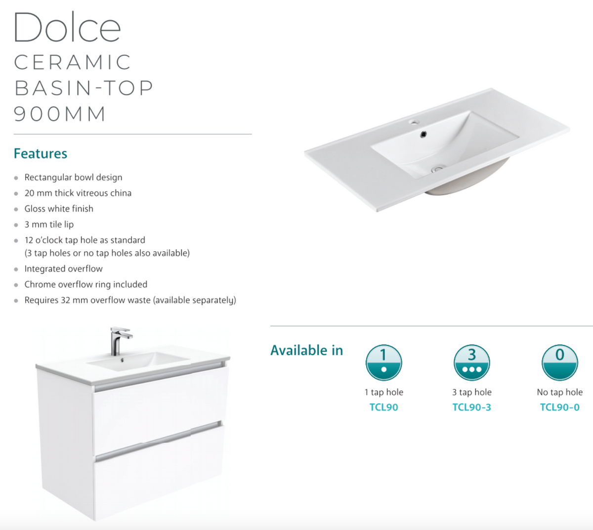 Fienza TCL90NLWL 90cm Dolce Unicab Vanity On Legs, Solid Doors, Left Hand Drawers, Gloss White