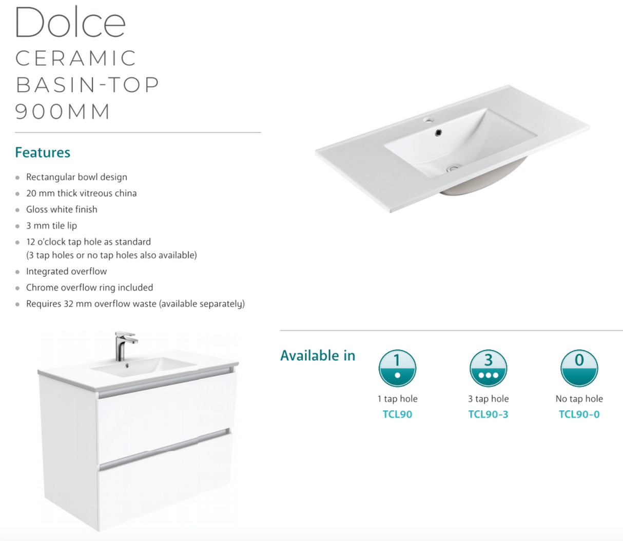 Fienza Dolce Hampton Tcl90T 900Mm White Wall Hung Vanity Unit - Special Order Units