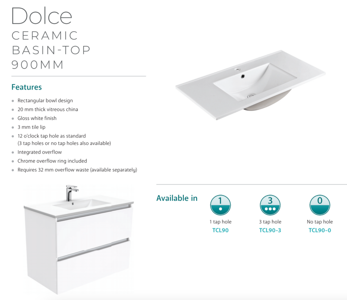 Fienza Dolce 900Mm Tcl90Tk Hampton White Vanity Unit On Kickboard - Special Order Units