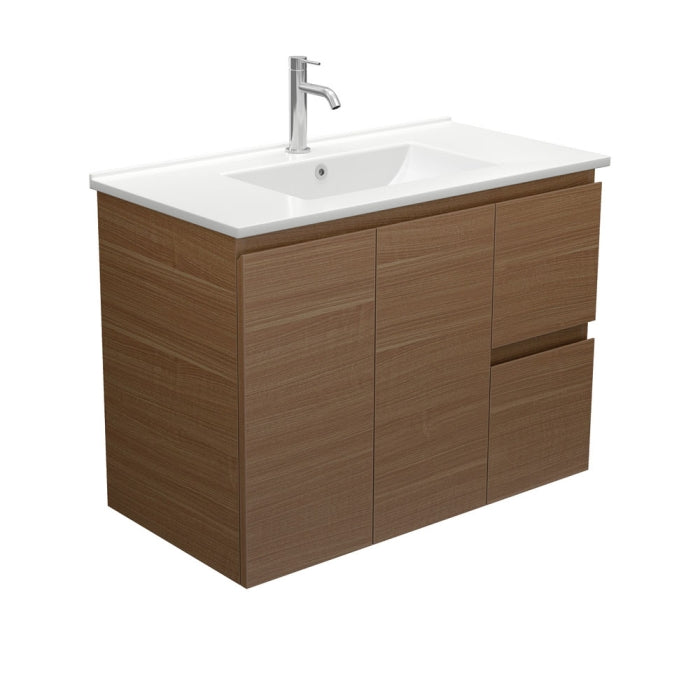 Fienza TCL90WAR Dolce Edge Walnut 900 Wall Hung Vanity, Right Drawers