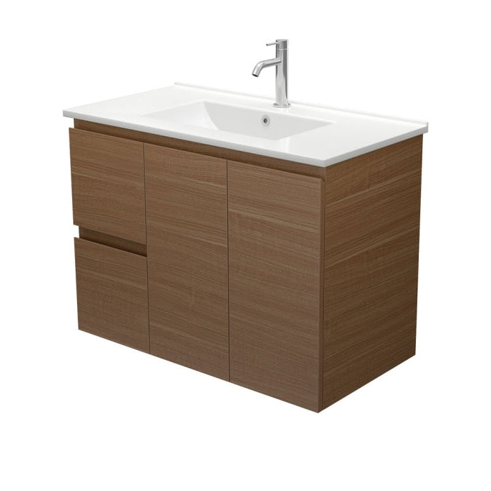 Fienza TCL90WAL Dolce Edge Walnut 900 Wall Hung Vanity, Left Drawers