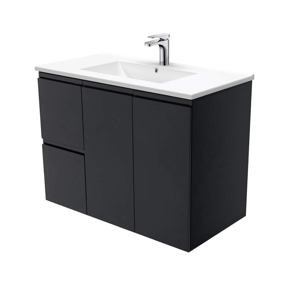 Fienza Tcl90Zbl Dolce 900Mm Fingerpull Satin Black Wall Hung Vanity Left Draws - Special Order Units