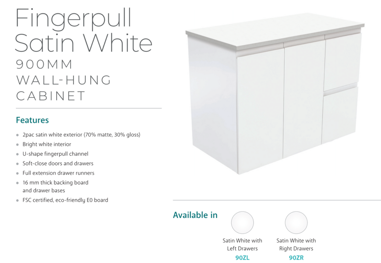 Fienza Dolce Tcl90Zl 900Mm Ceramic Wall Hung Finger Pull Satin White Vanity One Tap Hole Left Hand