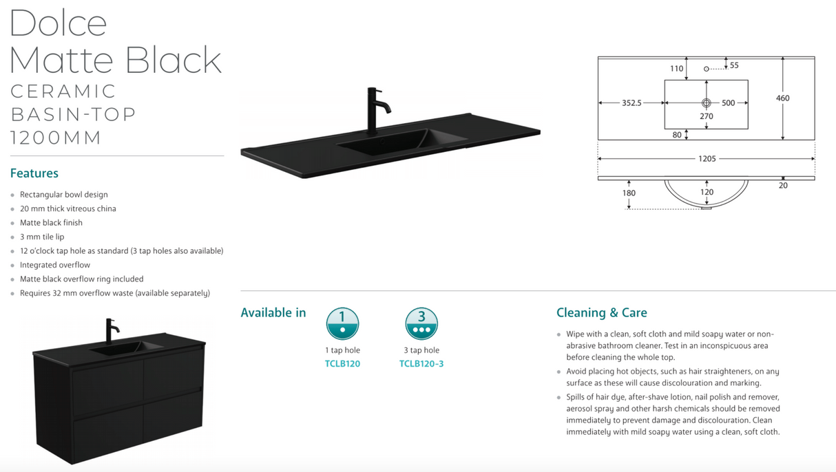 Fienza TCLB120RW 1200 Dolce Matte Black Alina Satin White Wall-Hung Vanity