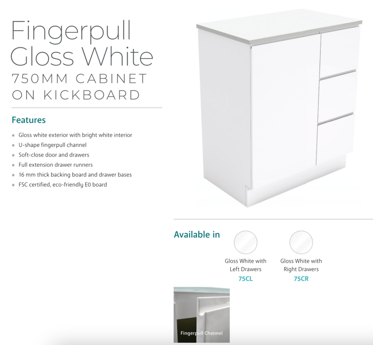 Fienza Tclb75Cr 750Mm Dolce Matte Black Fingerpull Gloss White Vanity On Kickboard Right Drawers -