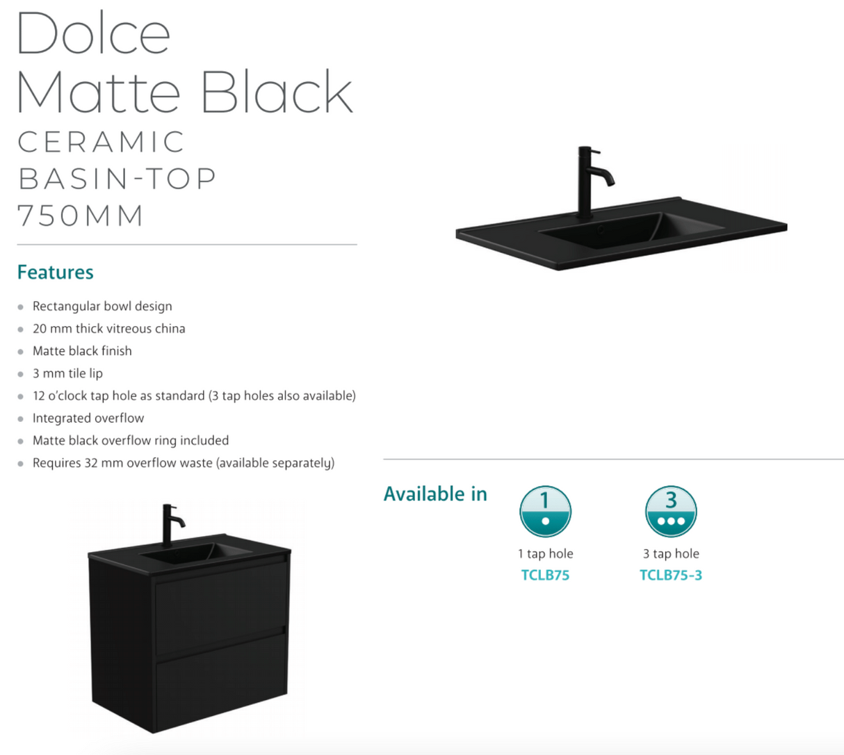 Fienza Tclb75Cl 750Mm Dolce Matte Black Fingerpull Gloss White Vanity On Kickboard Left Drawers -