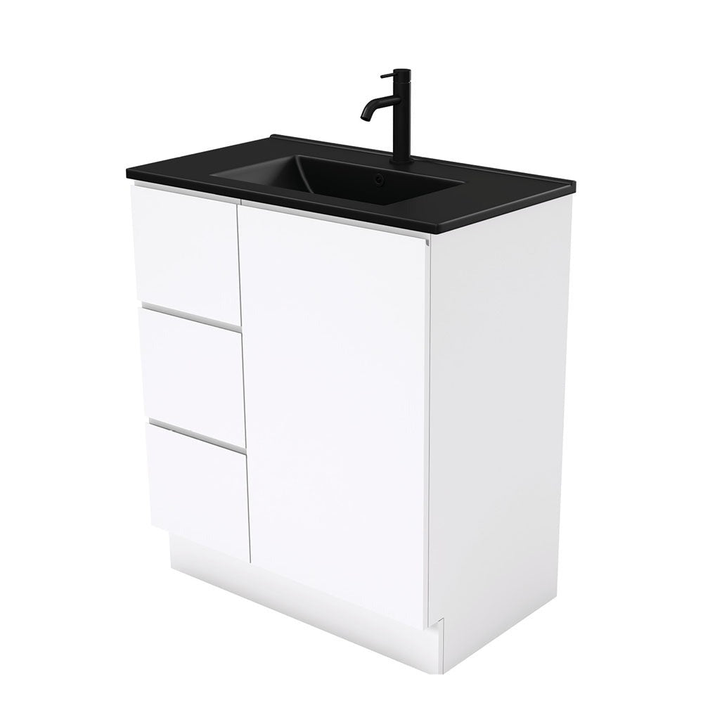 Fienza Tclb75Cl 750Mm Dolce Matte Black Fingerpull Gloss White Vanity On Kickboard Left Drawers -