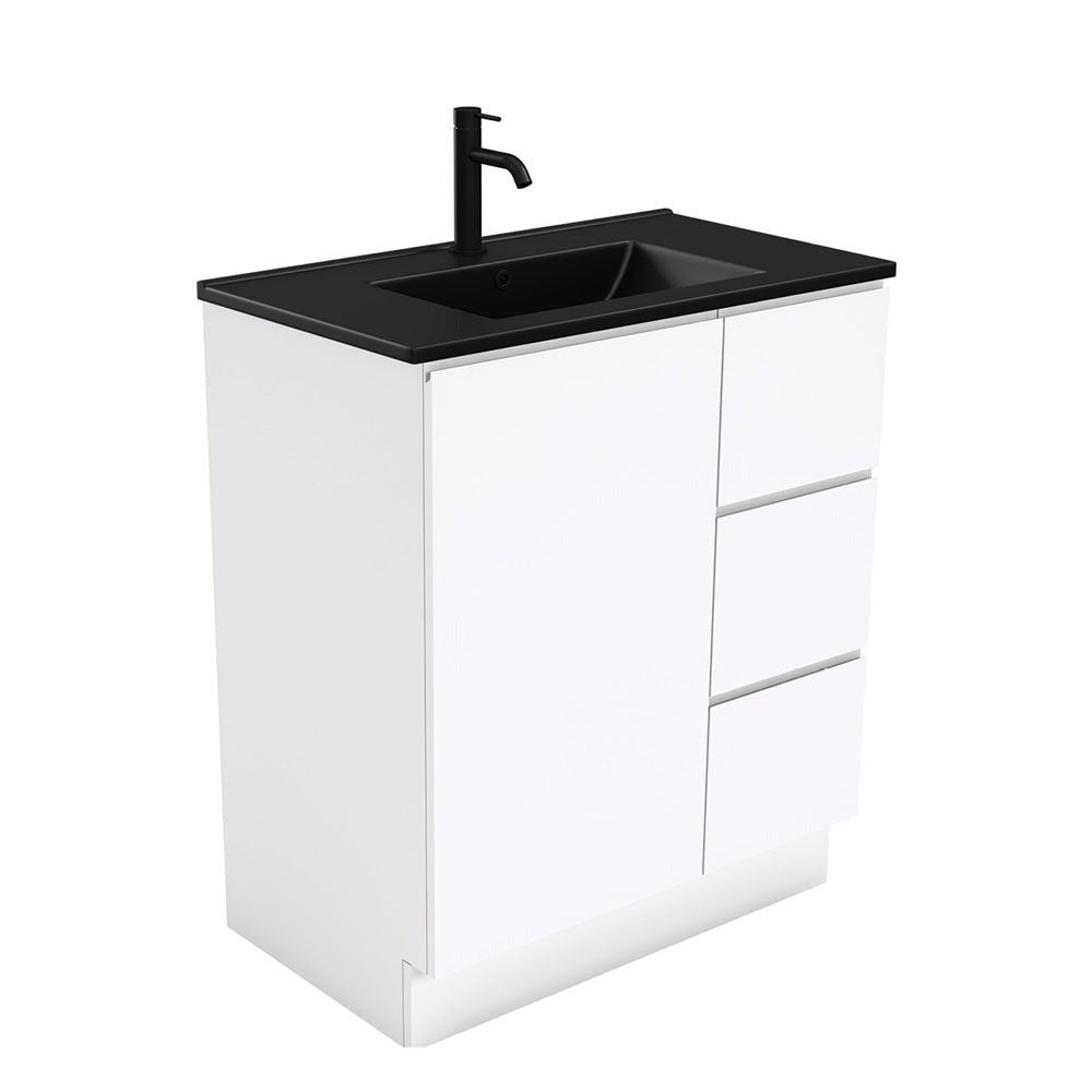 Fienza Tclb75Cr 750Mm Dolce Matte Black Fingerpull Gloss White Vanity On Kickboard Right Drawers -