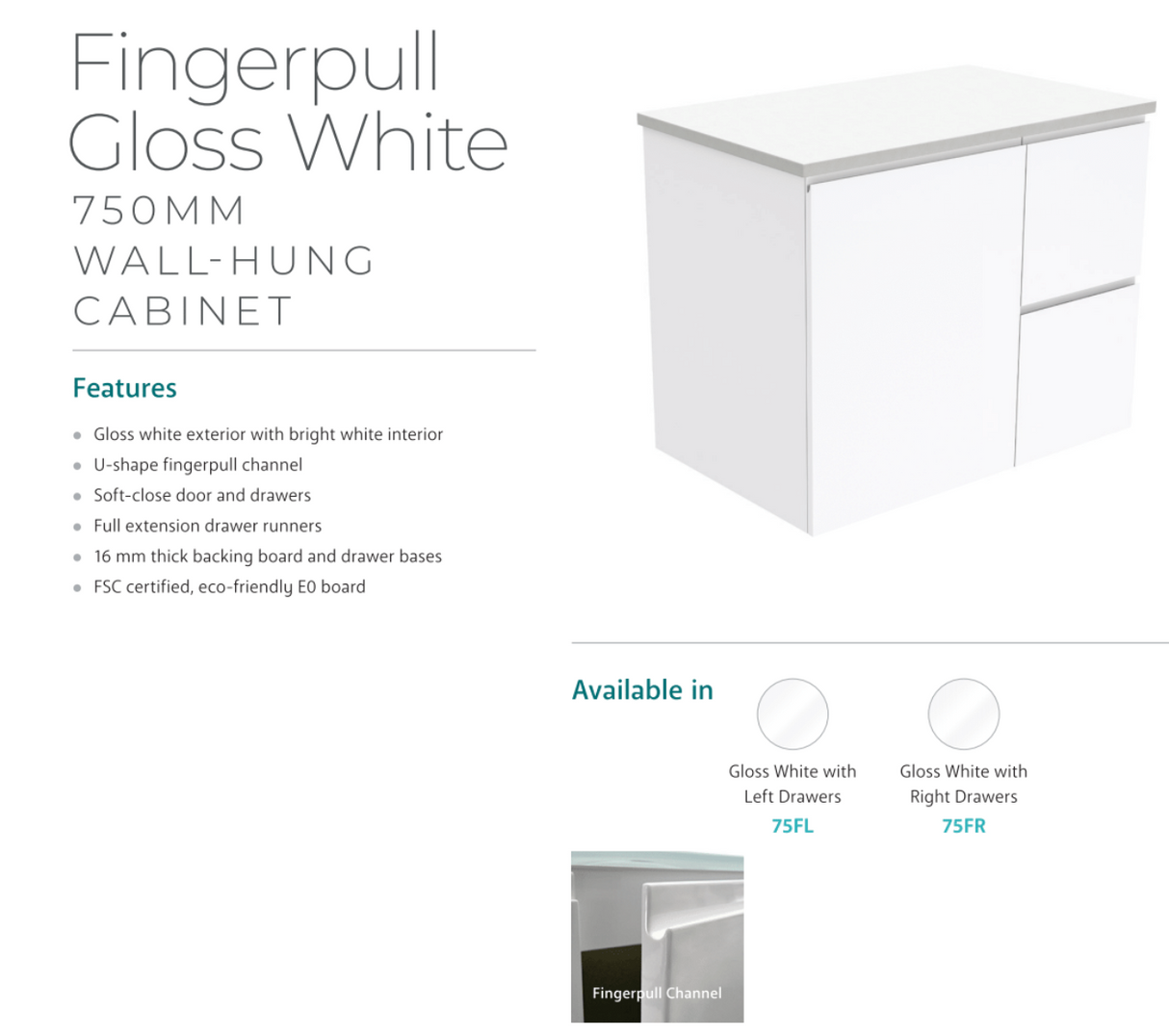 Fienza Dolce Tclb75Fr 750Mm Matte Black Fingerpull Gloss White Wall Hung Vanity Right Drawers -
