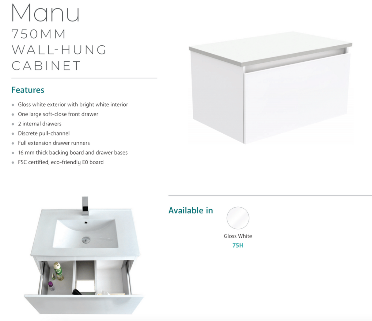 Fienza 750Mm Tclb75H Dolce Matte Black Manu Wall Hung Vanity White - Special Order Units
