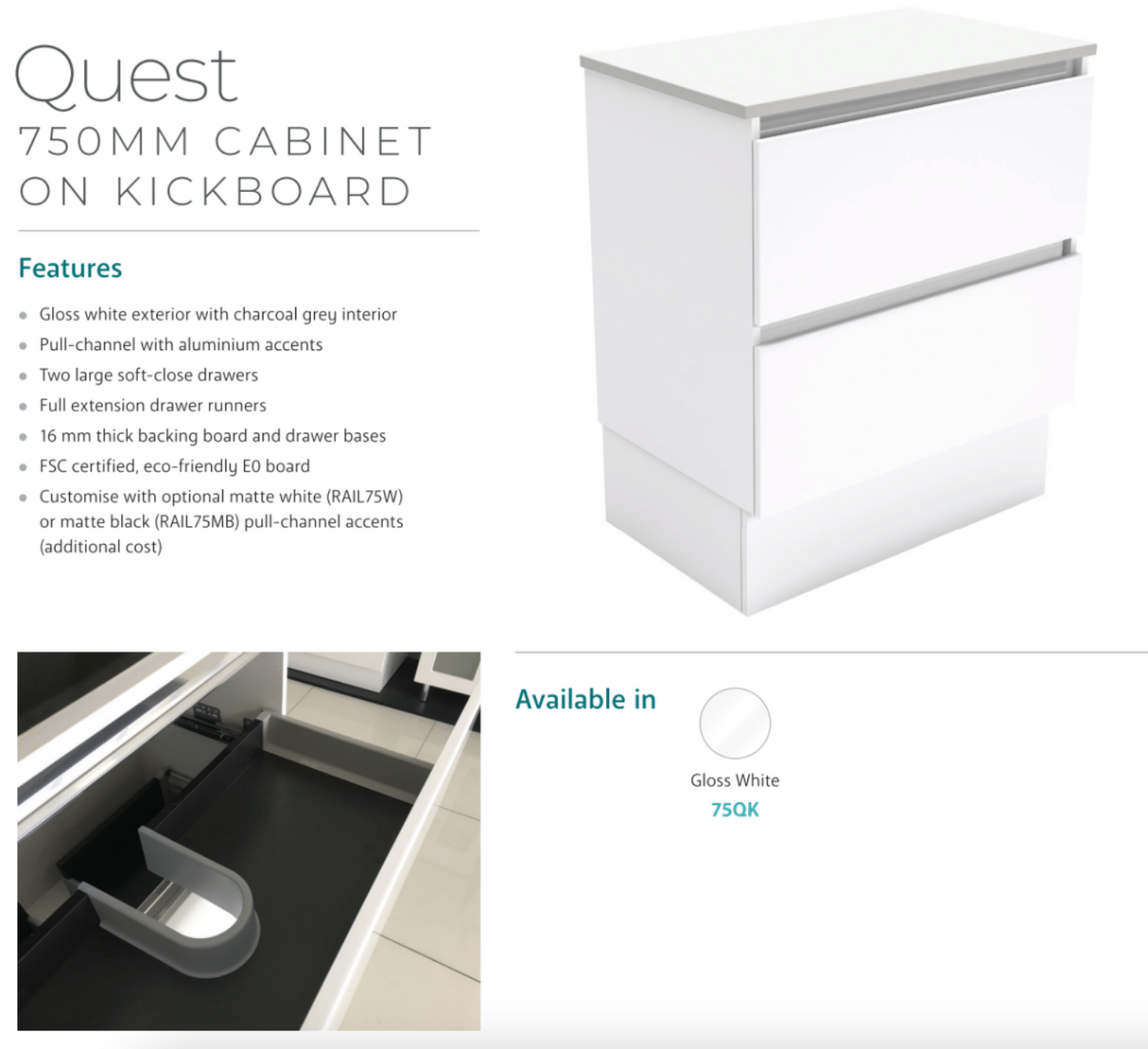 Fienza 750Mm Tclb75Qk Dolce Matte Black Quest Vanity On Kickboard White - Special Order Units