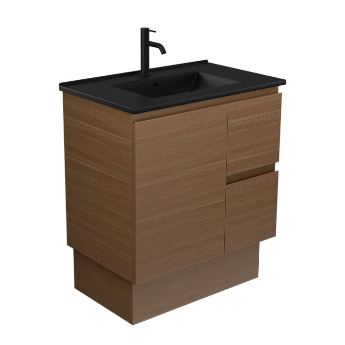 Fienza TCLB75WAKR Dolce Matte Black Edge Walnut 750 Vanity on Kickboard, Right Drawers