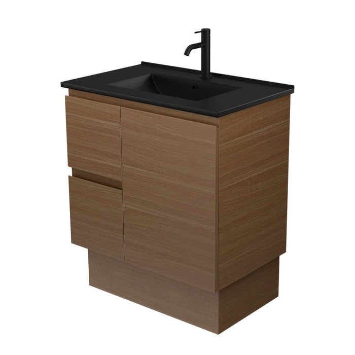 Fienza TCLB75WAKL Dolce Matte Black Edge Walnut 750 Vanity on Kickboard, Left Drawers