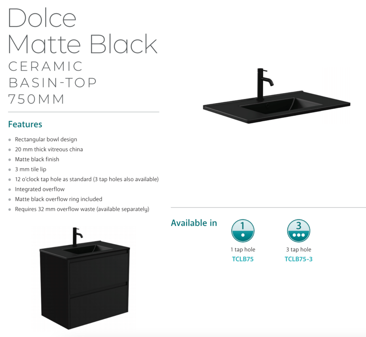Fienza Dolce Tclb75Zbl 750Mm Matte Black Satin Wall Hung Vanity Left Drawers - Special Order Units