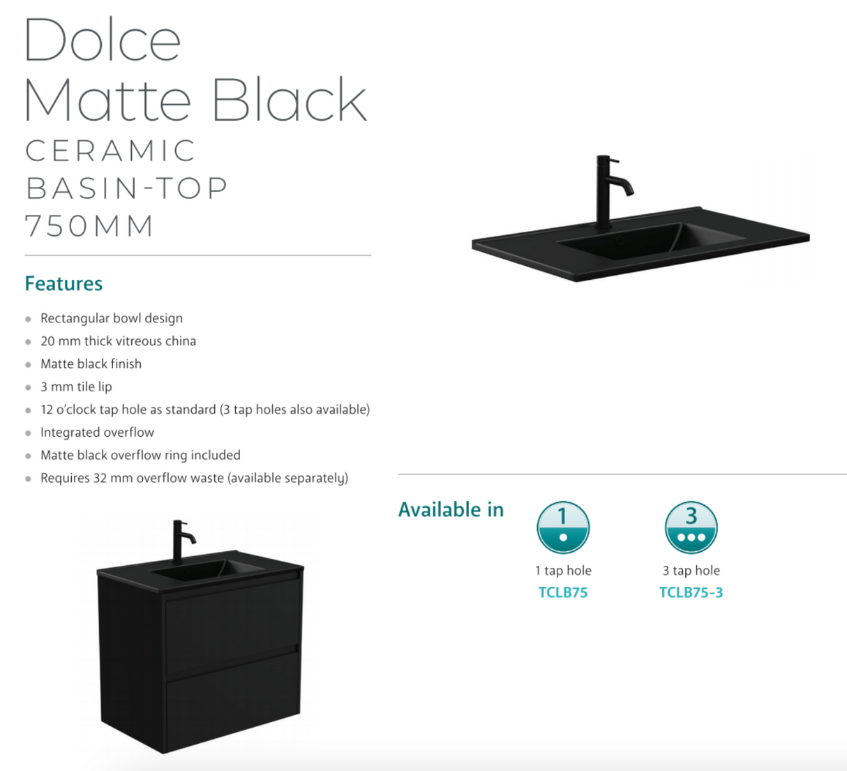 Fienza 750Mm Tclb75Zbkr Dolce Matte Black Satin Vanity On Kickboard Right Drawers - Special Order